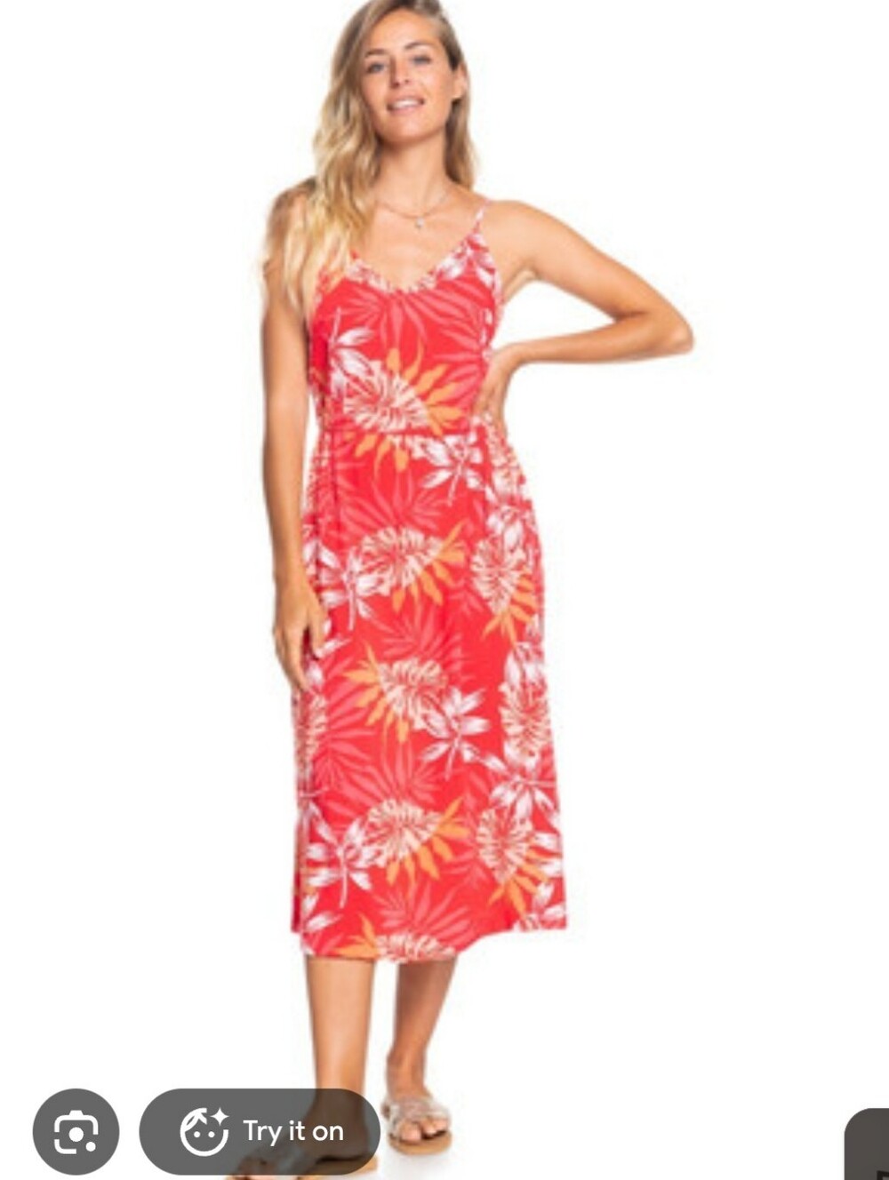 Roxy Land Of Life Tropical Coral Floral Spaghetti-Strap Midi Dress